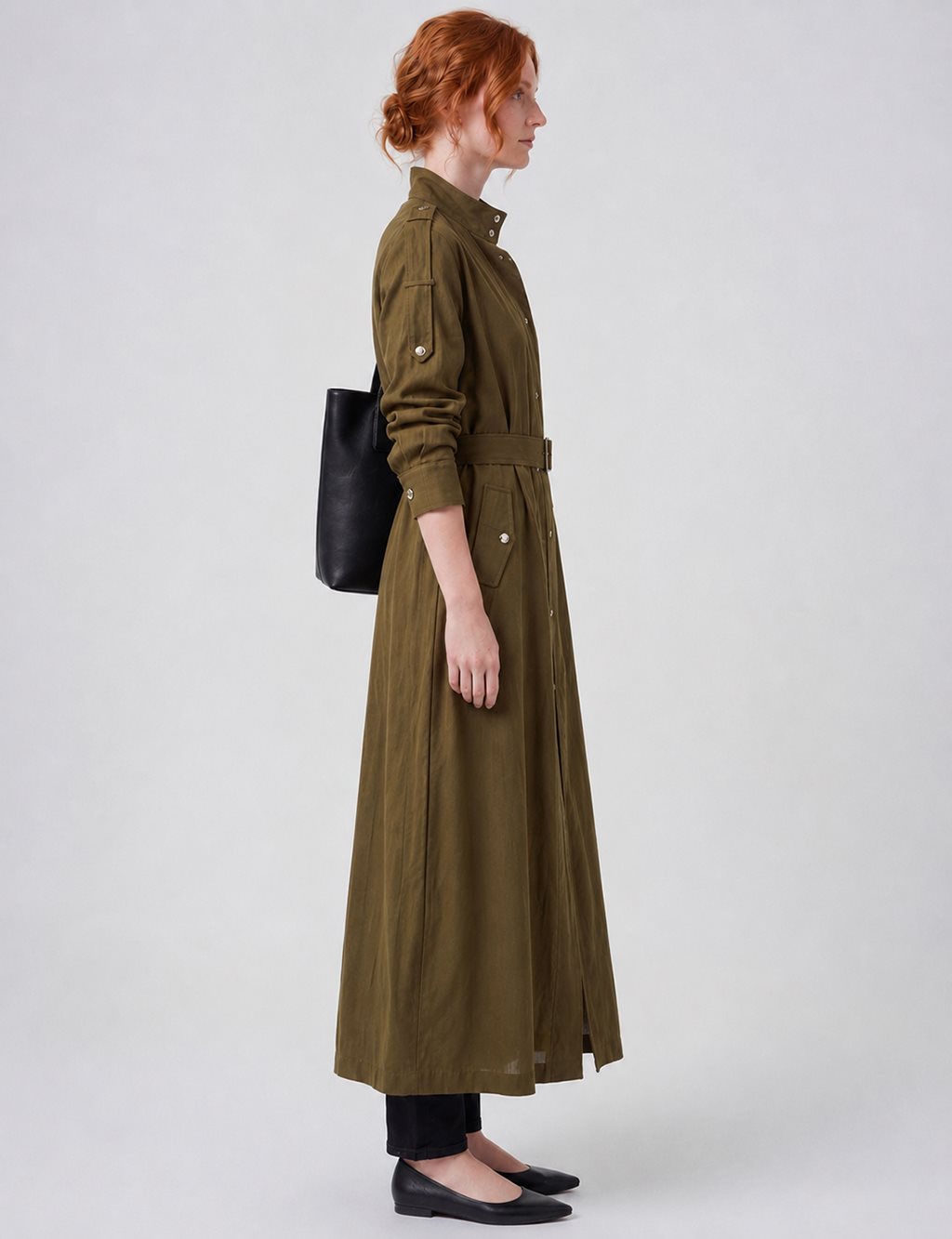 Belt-Detail Linen Lyocell Coat Dark Khaki