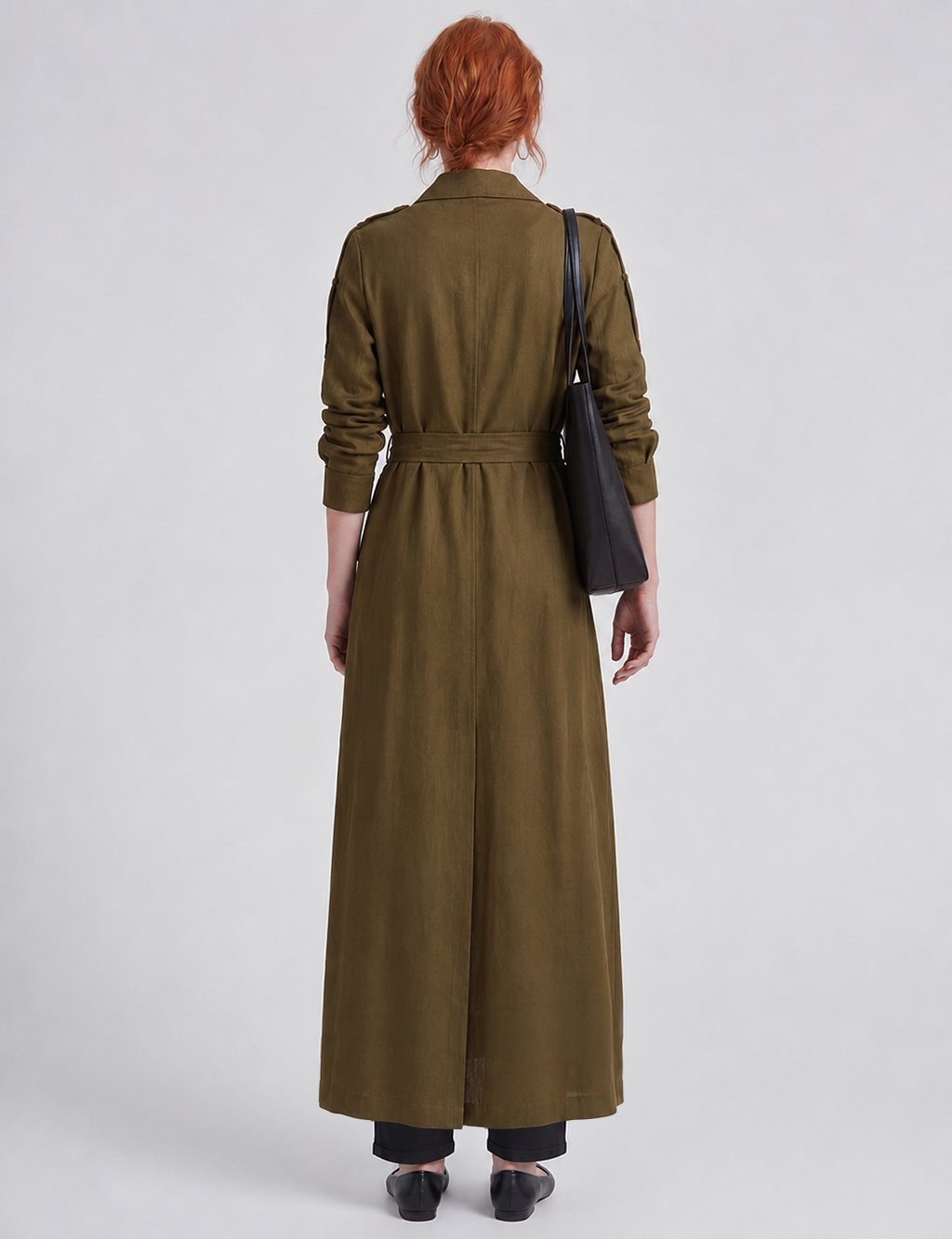 Belt-Detail Linen Lyocell Coat Dark Khaki