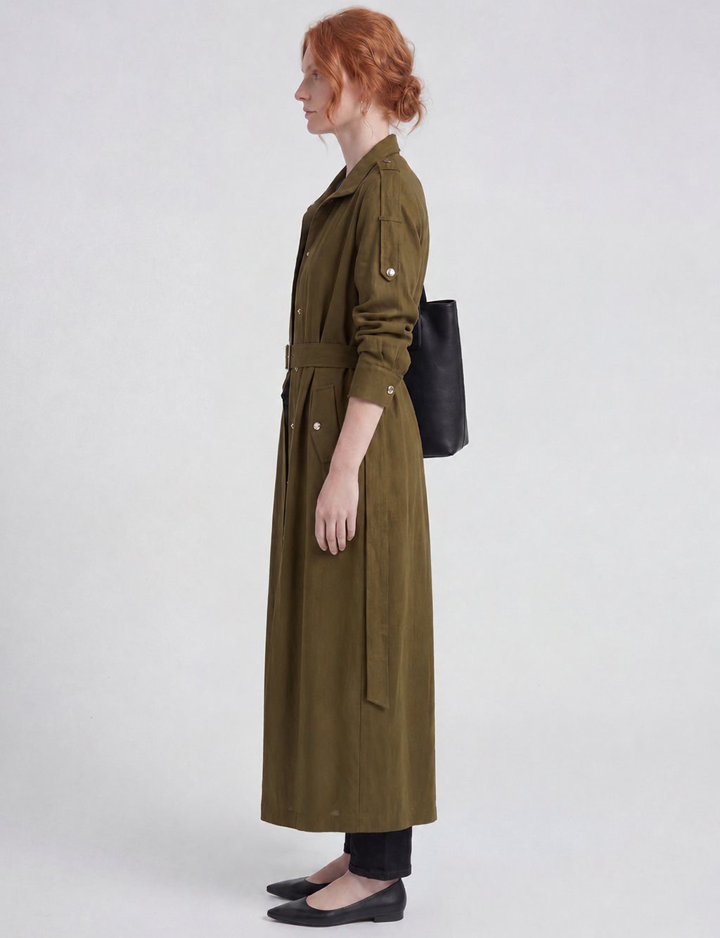 Belt-Detail Linen Lyocell Coat Dark Khaki
