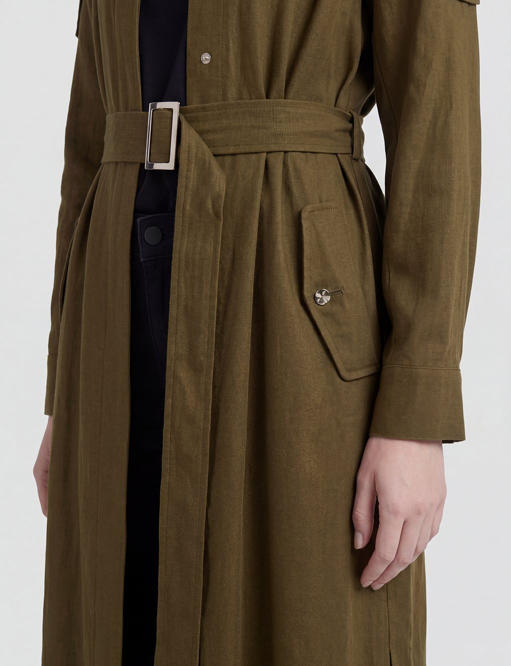 Belt-Detail Linen Lyocell Coat Dark Khaki