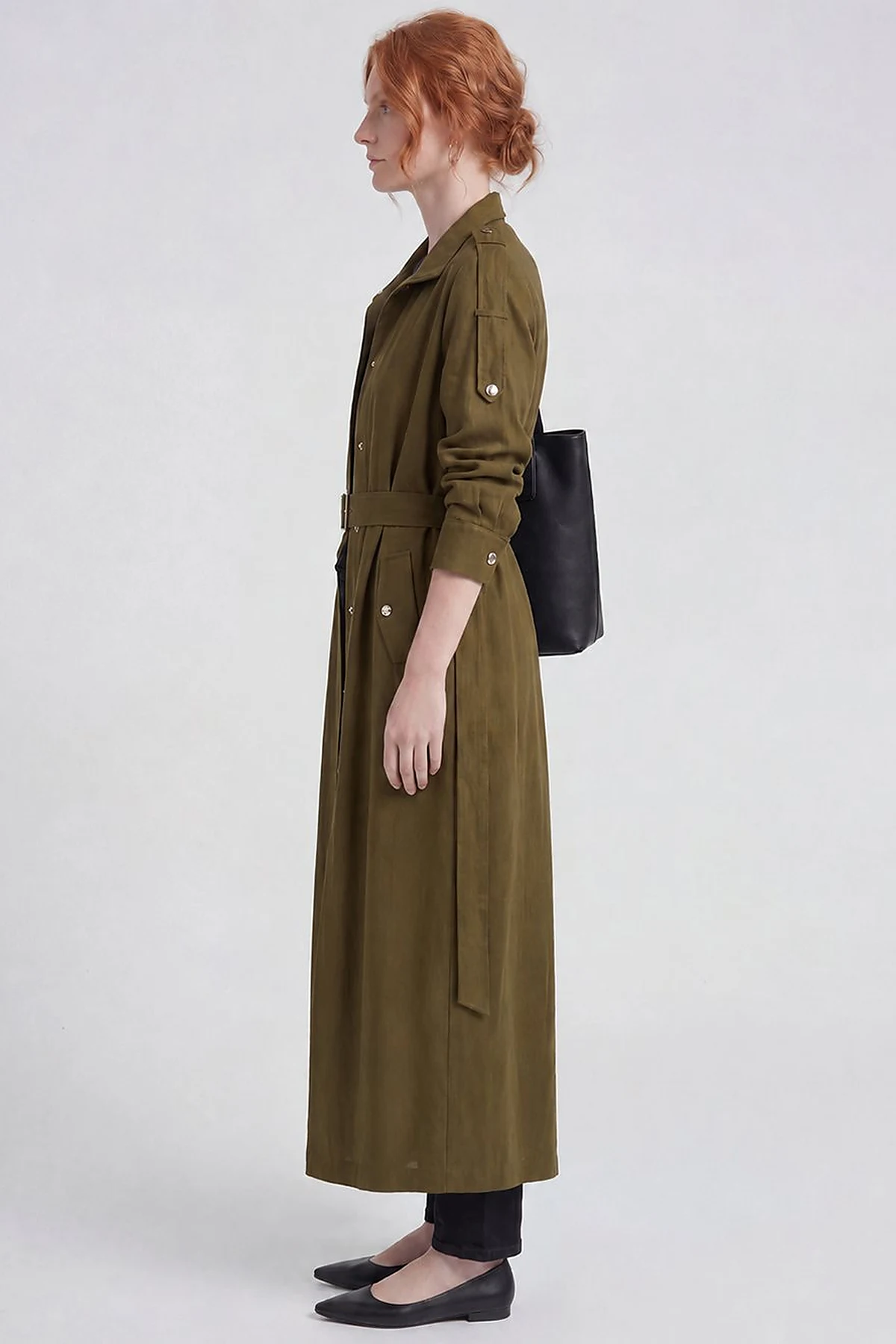 Belt-Detail Linen Lyocell Coat Dark Khaki