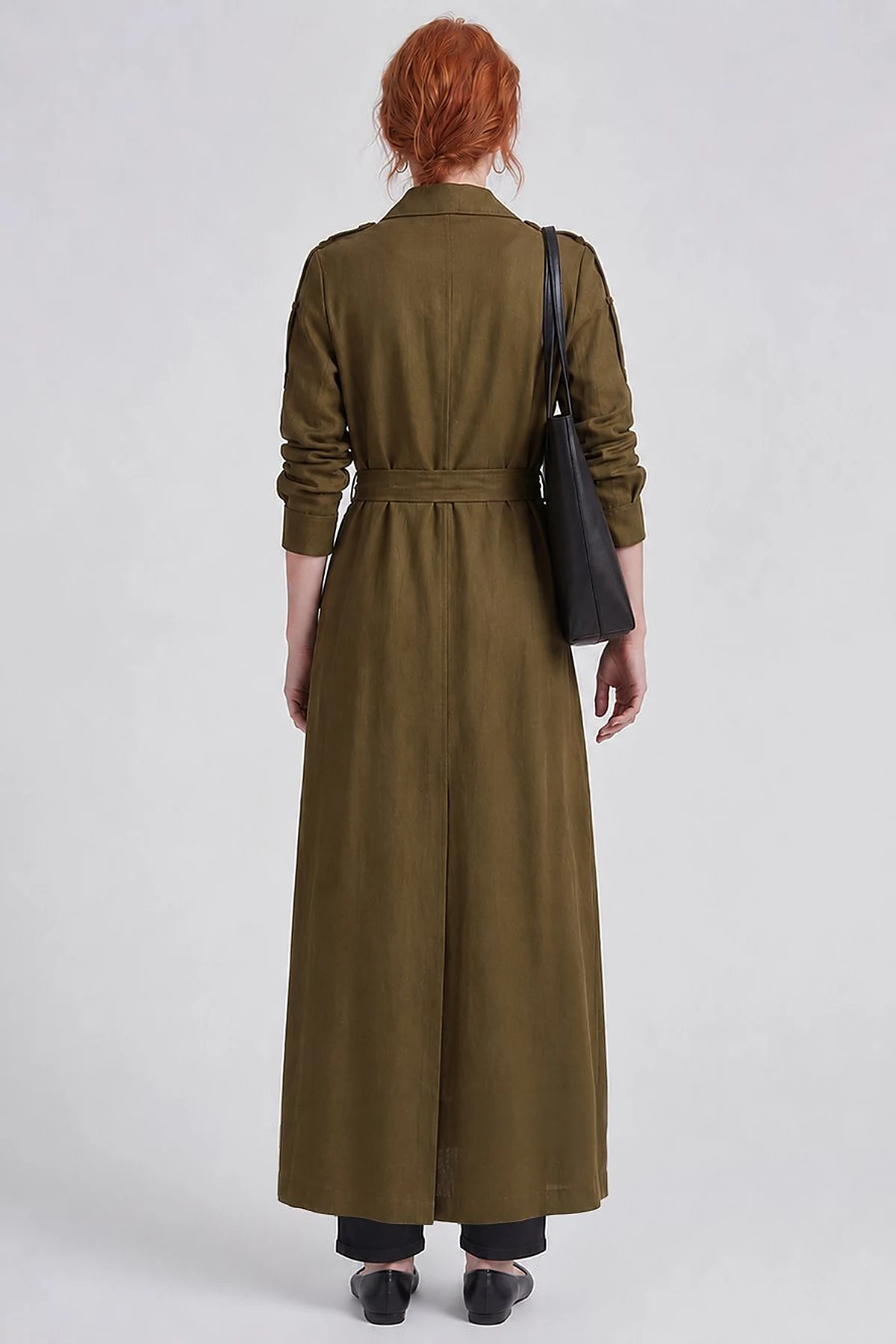 Belt-Detail Linen Lyocell Coat Dark Khaki