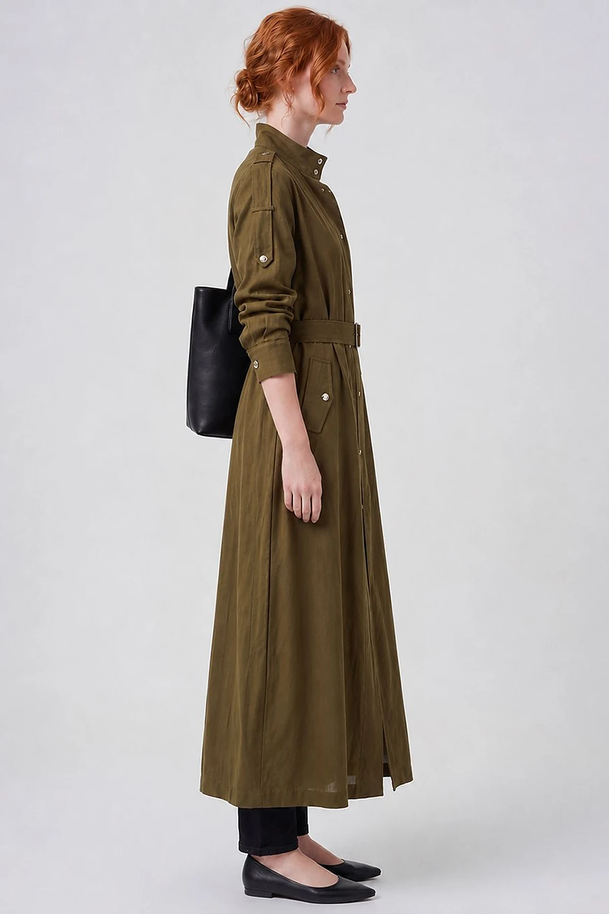 Belt-Detail Linen Lyocell Coat Dark Khaki