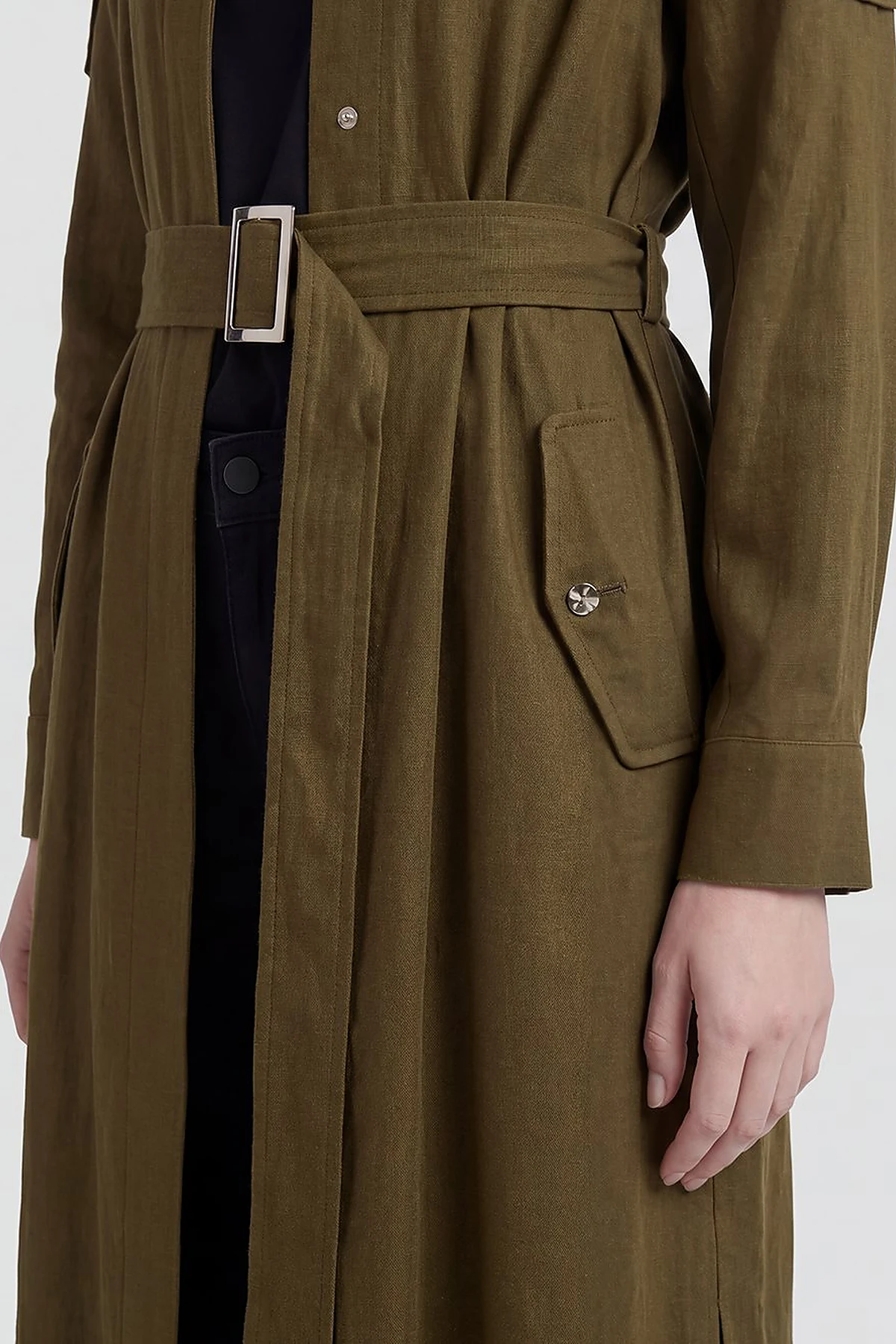 Belt-Detail Linen Lyocell Coat Dark Khaki