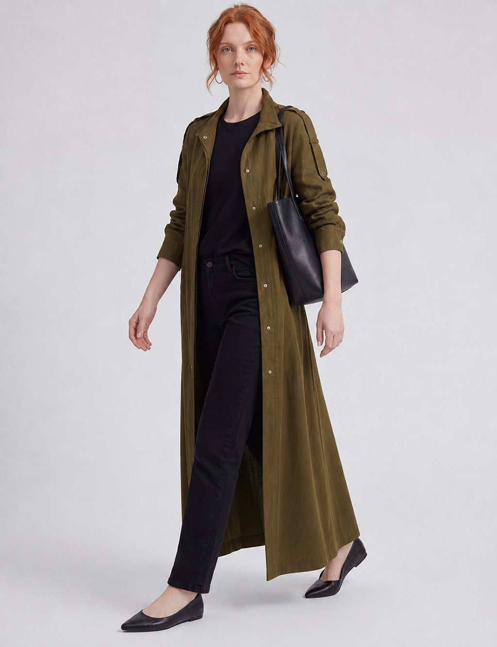 Belt-Detail Linen Lyocell Coat Dark Khaki