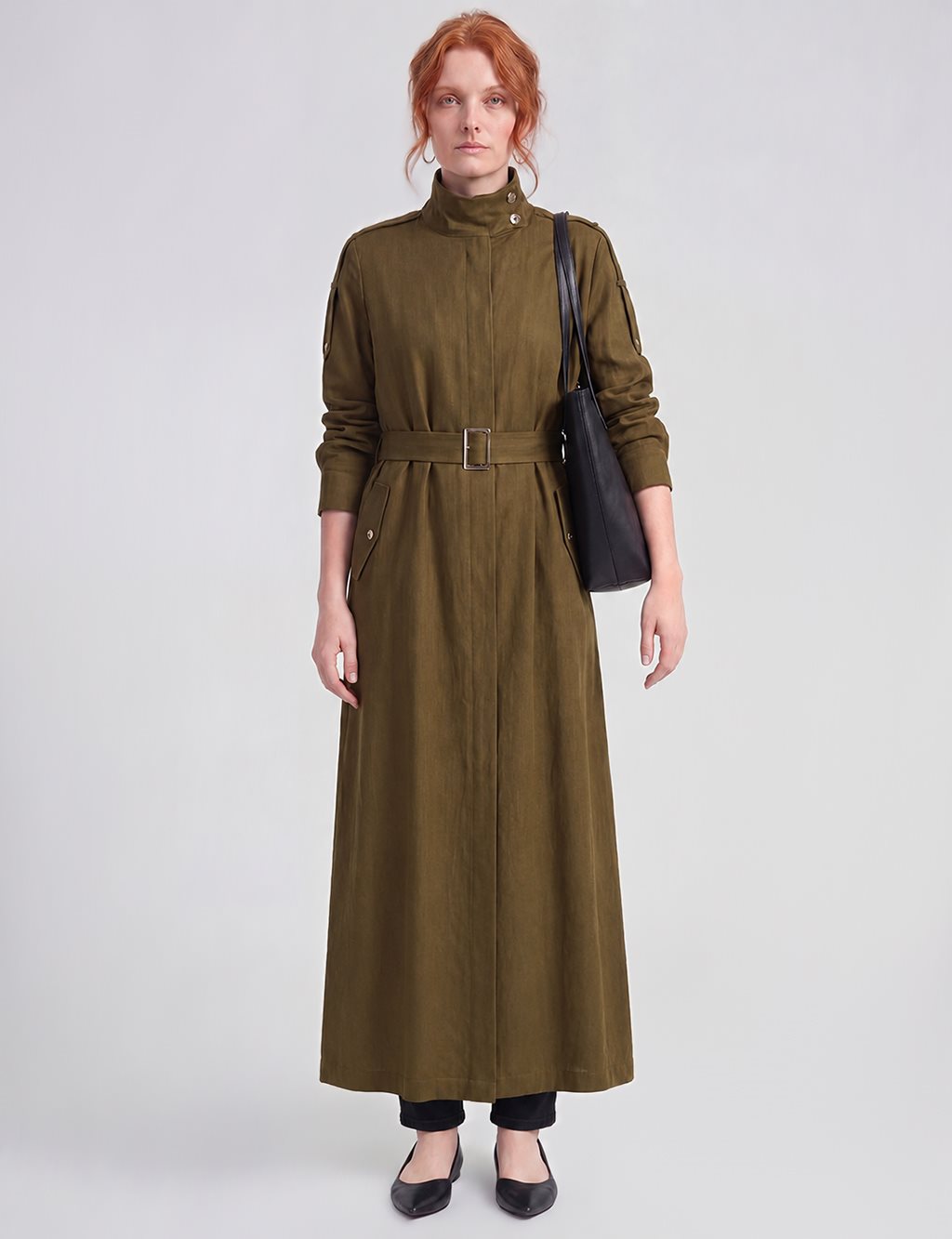 Belt-Detail Linen Lyocell Coat Dark Khaki