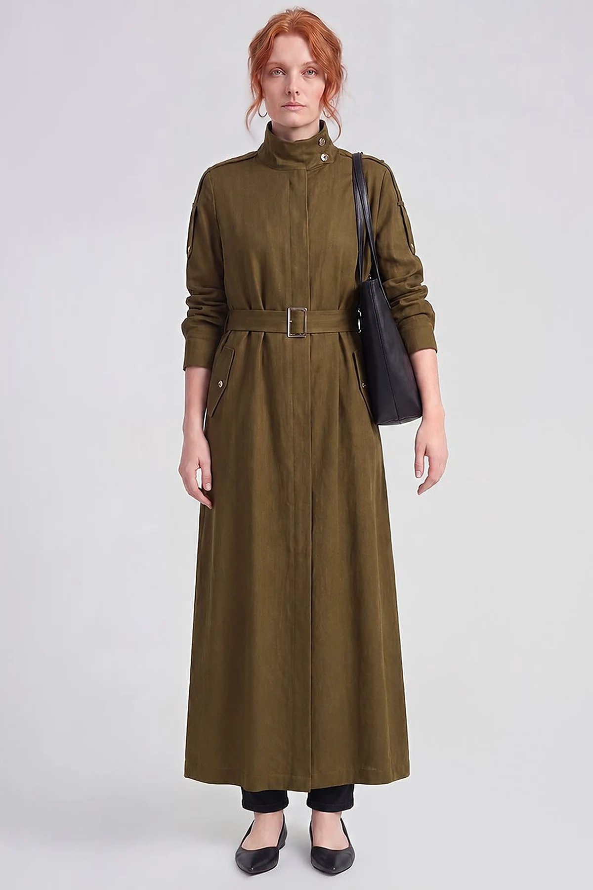 Belt-Detail Linen Lyocell Coat Dark Khaki