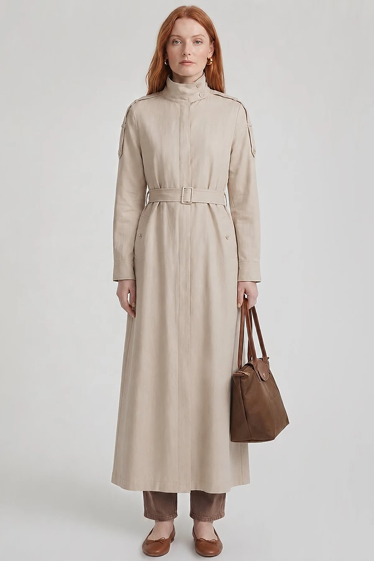 Belt-Detail Linen Lyocell Coat Stone