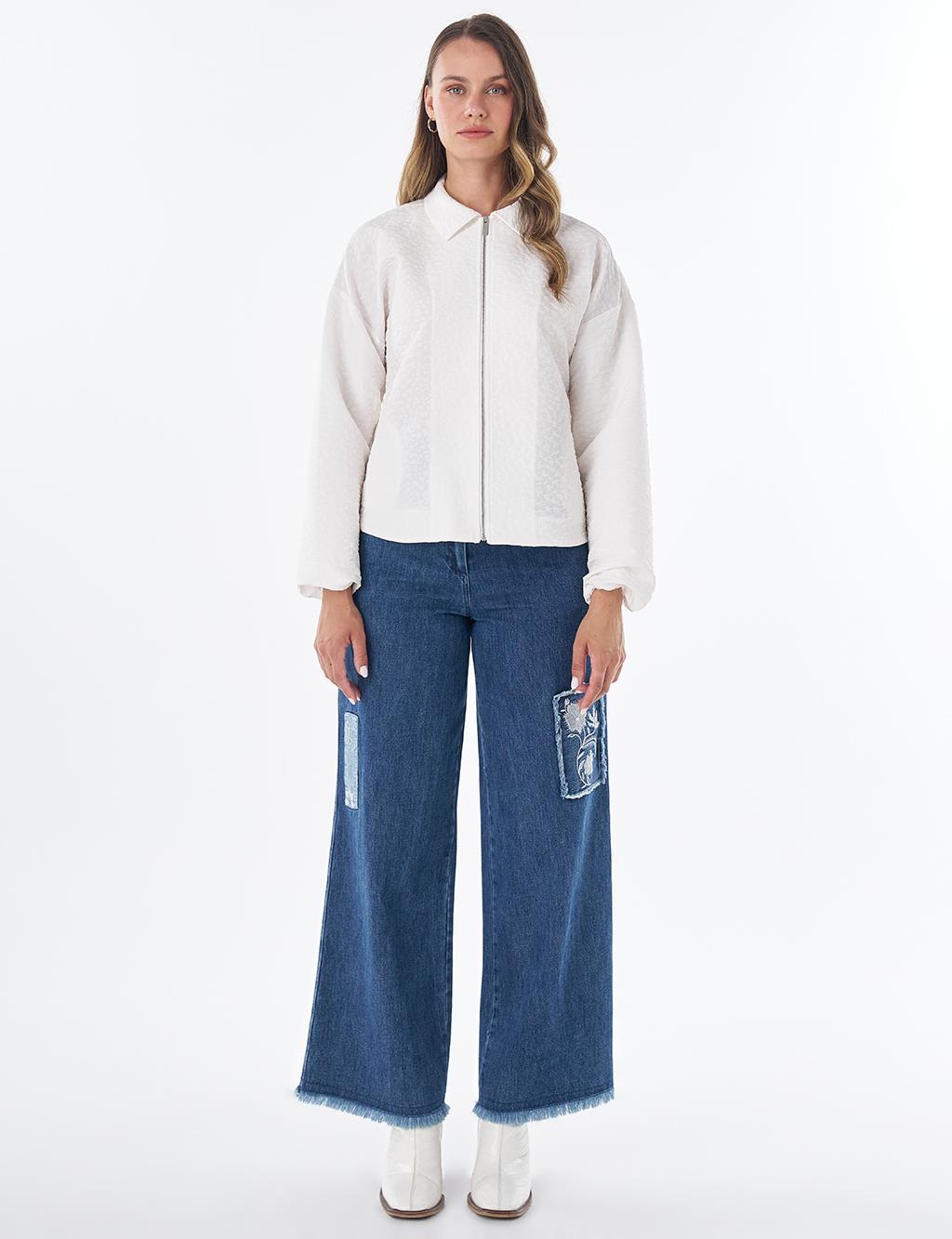Textured Polo Collar Jacket – Ecru