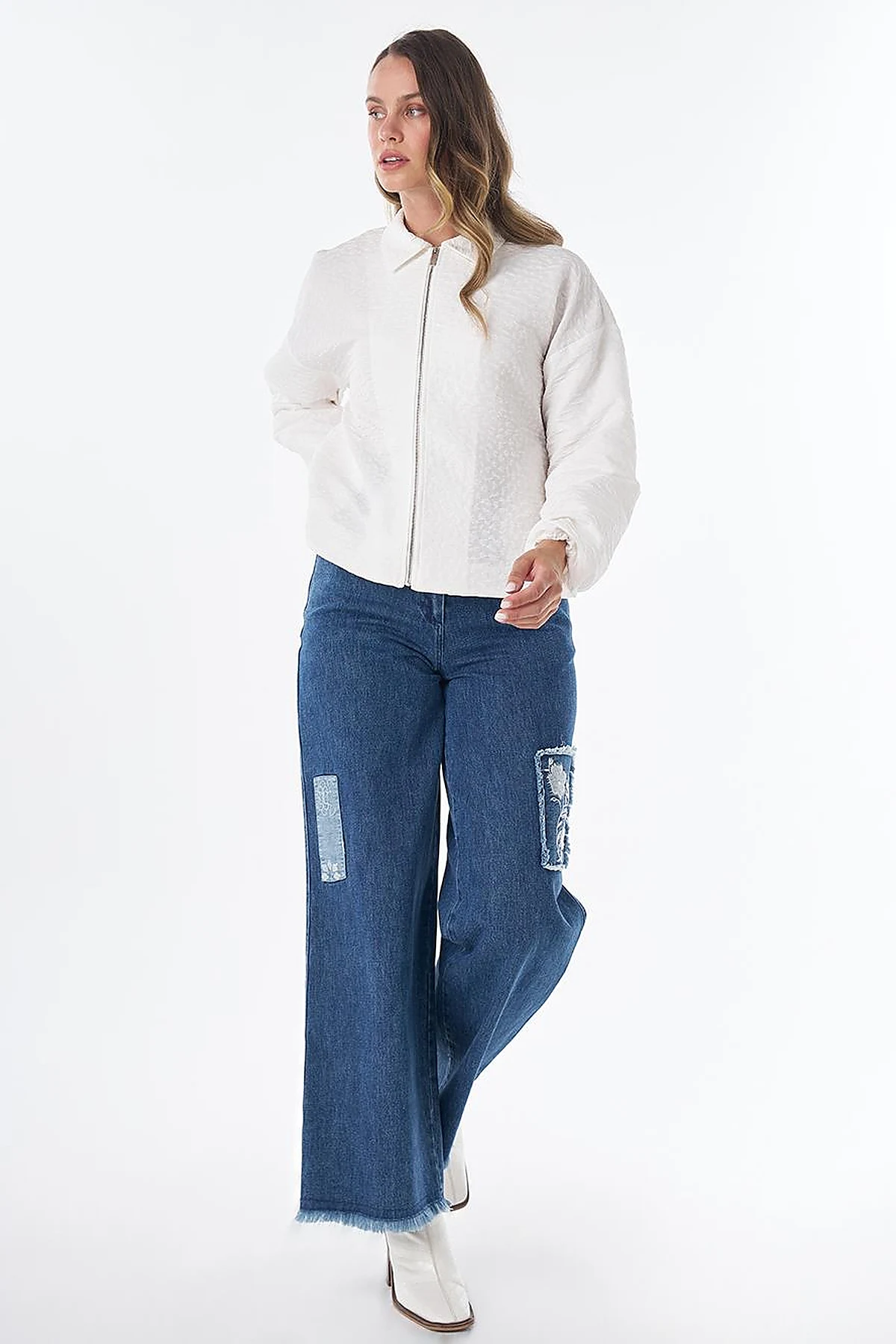 Textured Polo Collar Jacket – Ecru