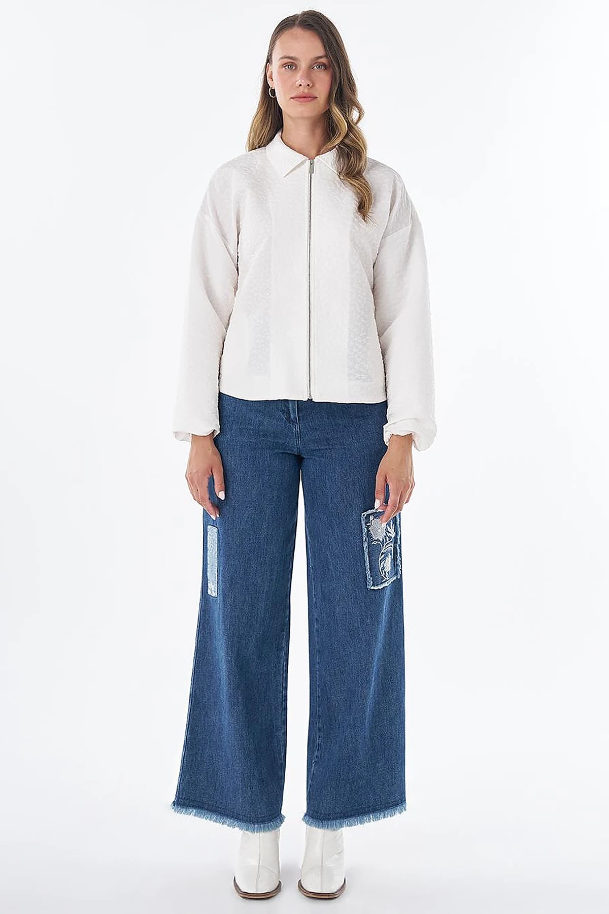 Textured Polo Collar Jacket – Ecru