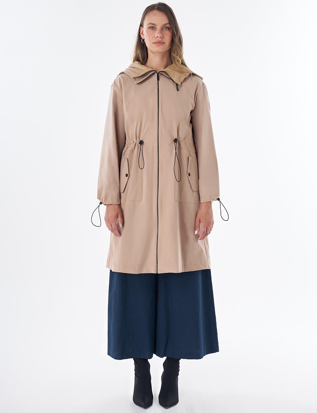 Wide Collar Belted Drawstring Trench Coat – Beige