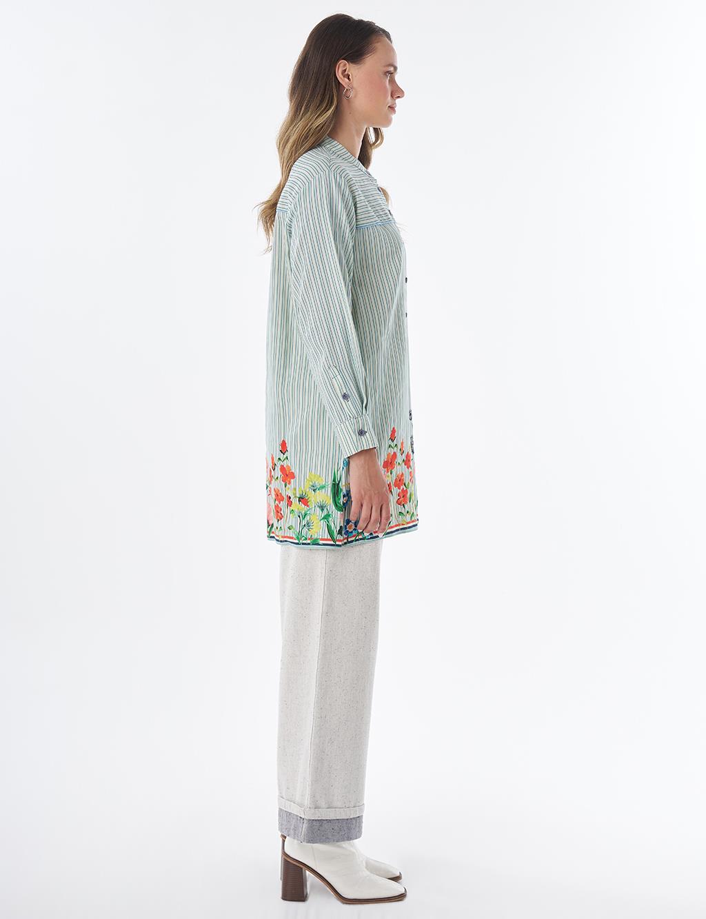 Floral Print Cotton Linen Tunic – Blue