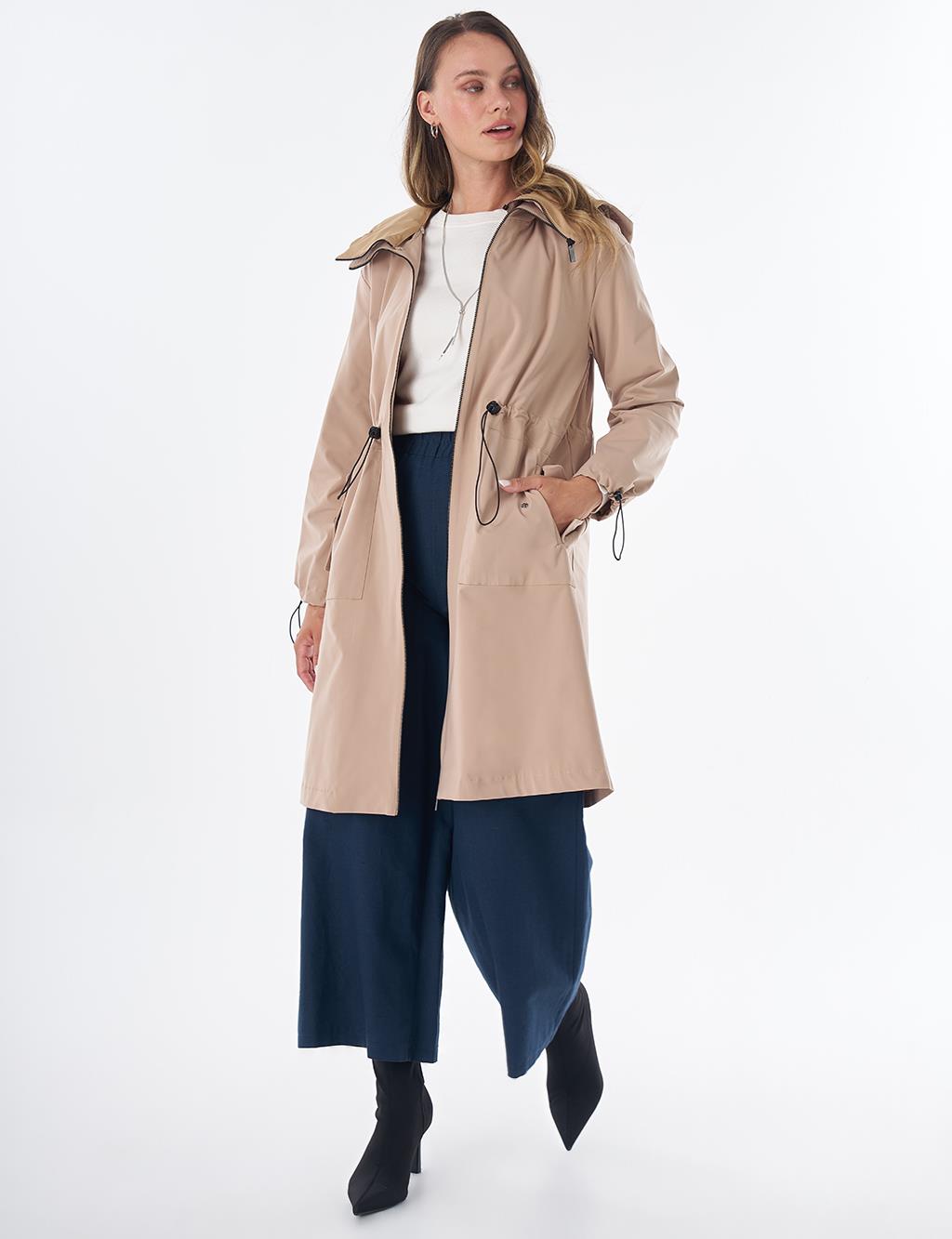 Wide Collar Belted Drawstring Trench Coat – Beige