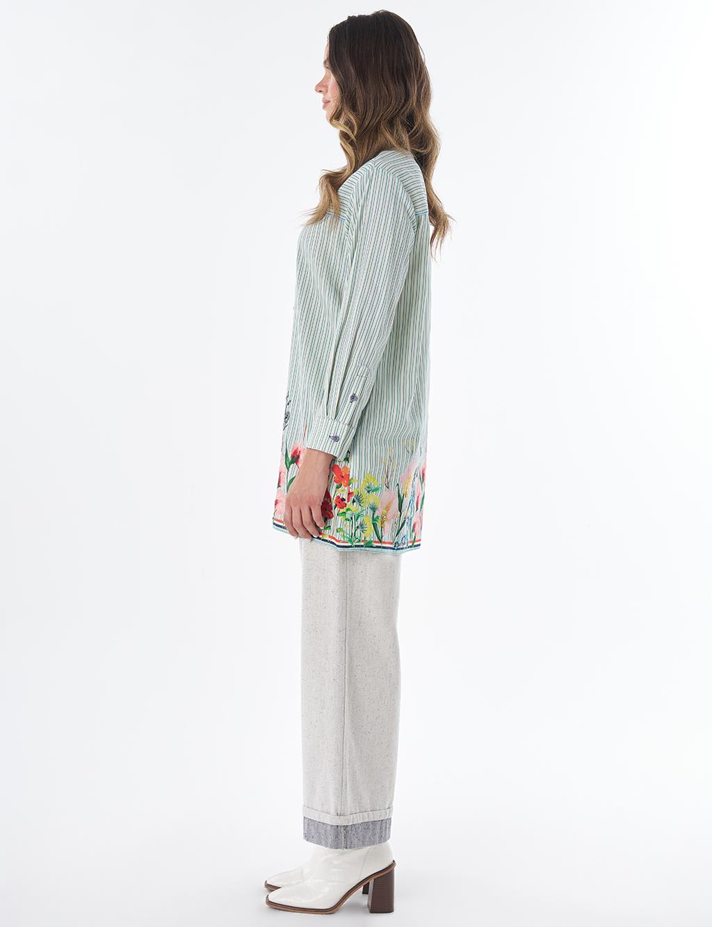 Floral Print Cotton Linen Tunic – Blue