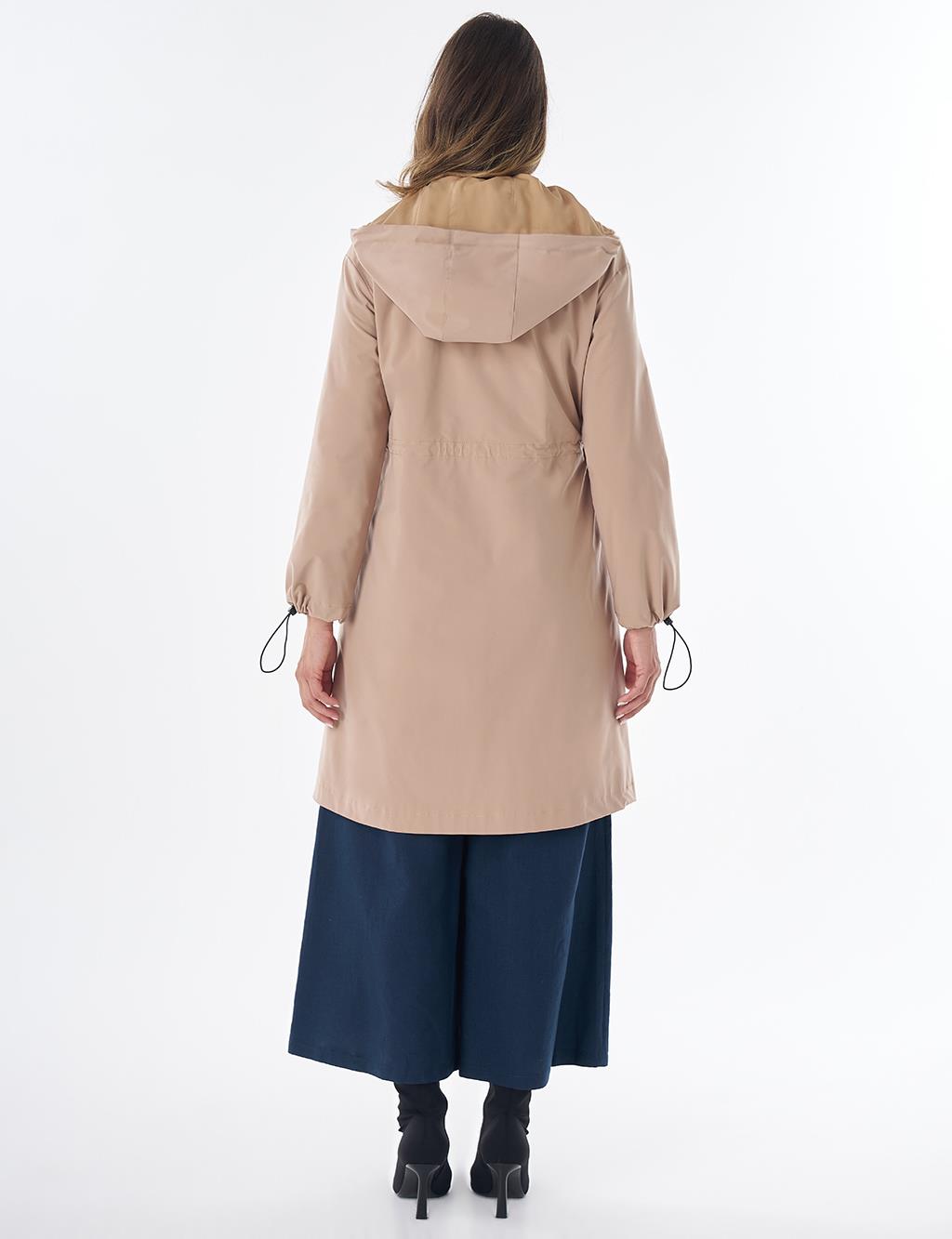 Wide Collar Belted Drawstring Trench Coat – Beige