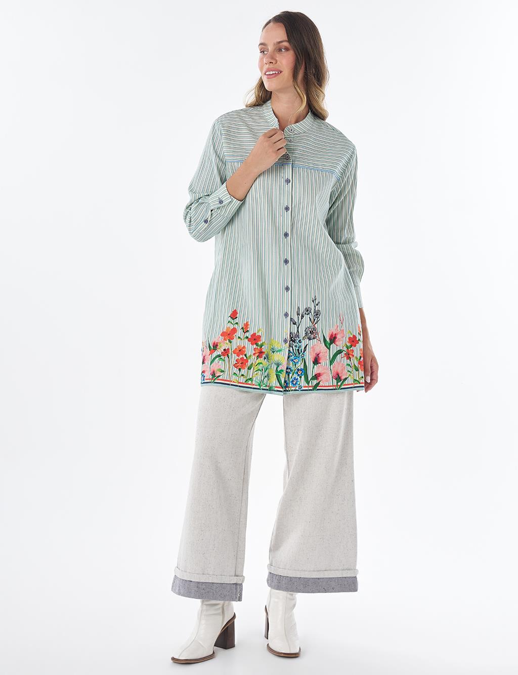 Floral Print Cotton Linen Tunic – Blue