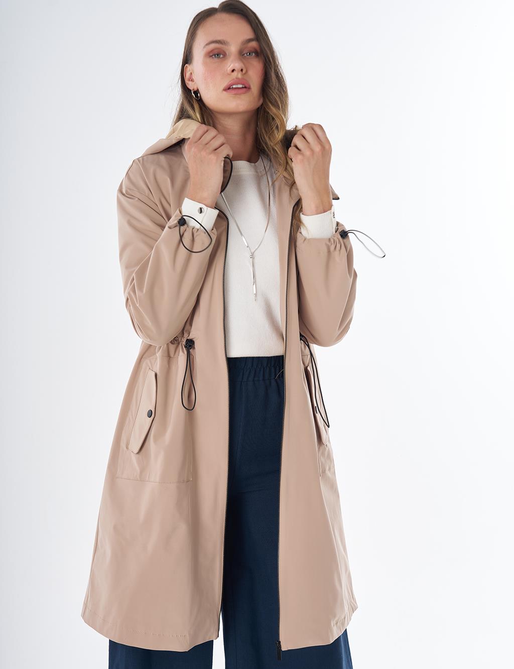 Wide Collar Belted Drawstring Trench Coat – Beige