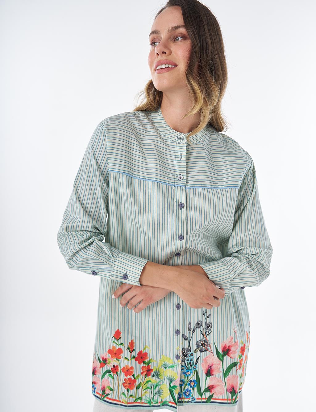 Floral Print Cotton Linen Tunic – Blue