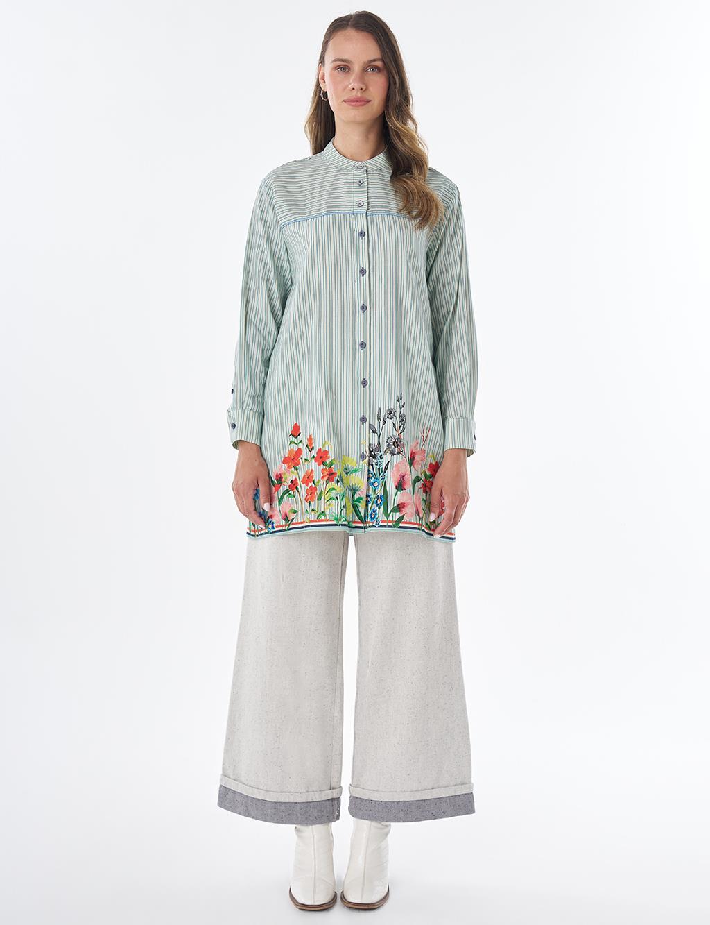 Floral Print Cotton Linen Tunic – Blue