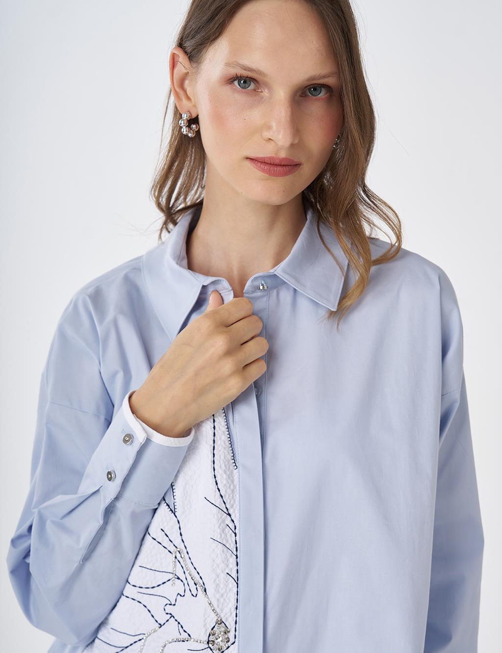 Mesh Trim Cotton Tunic – Blue