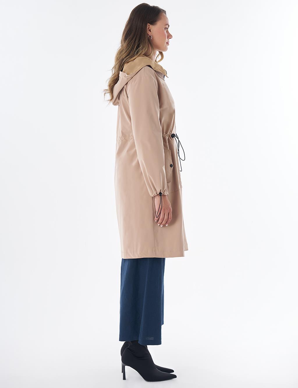 Wide Collar Belted Drawstring Trench Coat – Beige