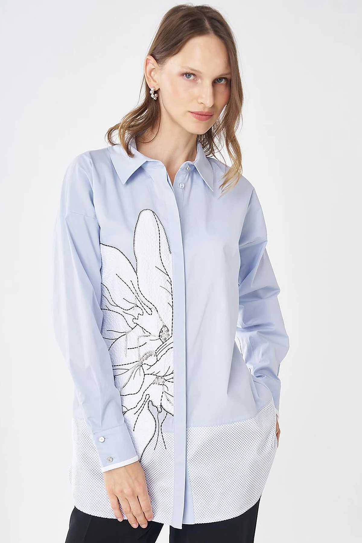 Mesh Trim Cotton Tunic – Blue