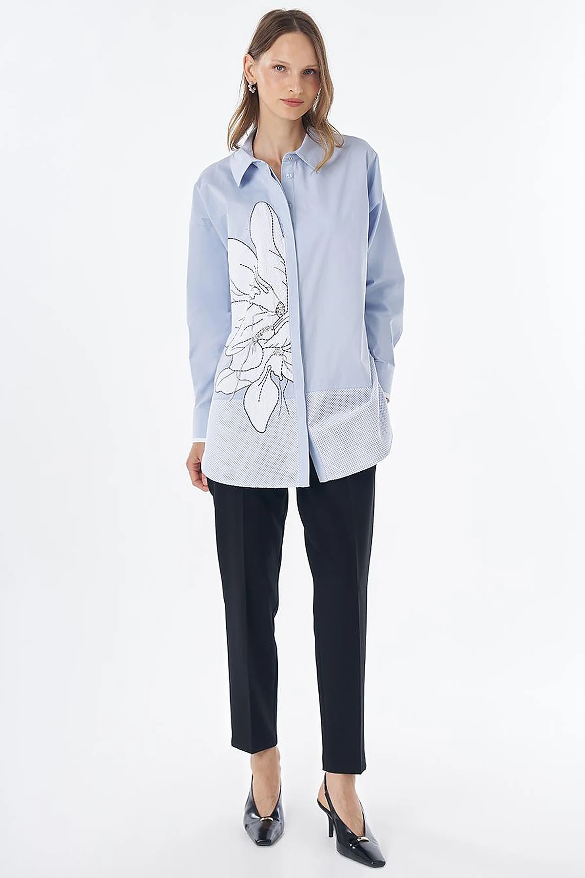 Mesh Trim Cotton Tunic – Blue