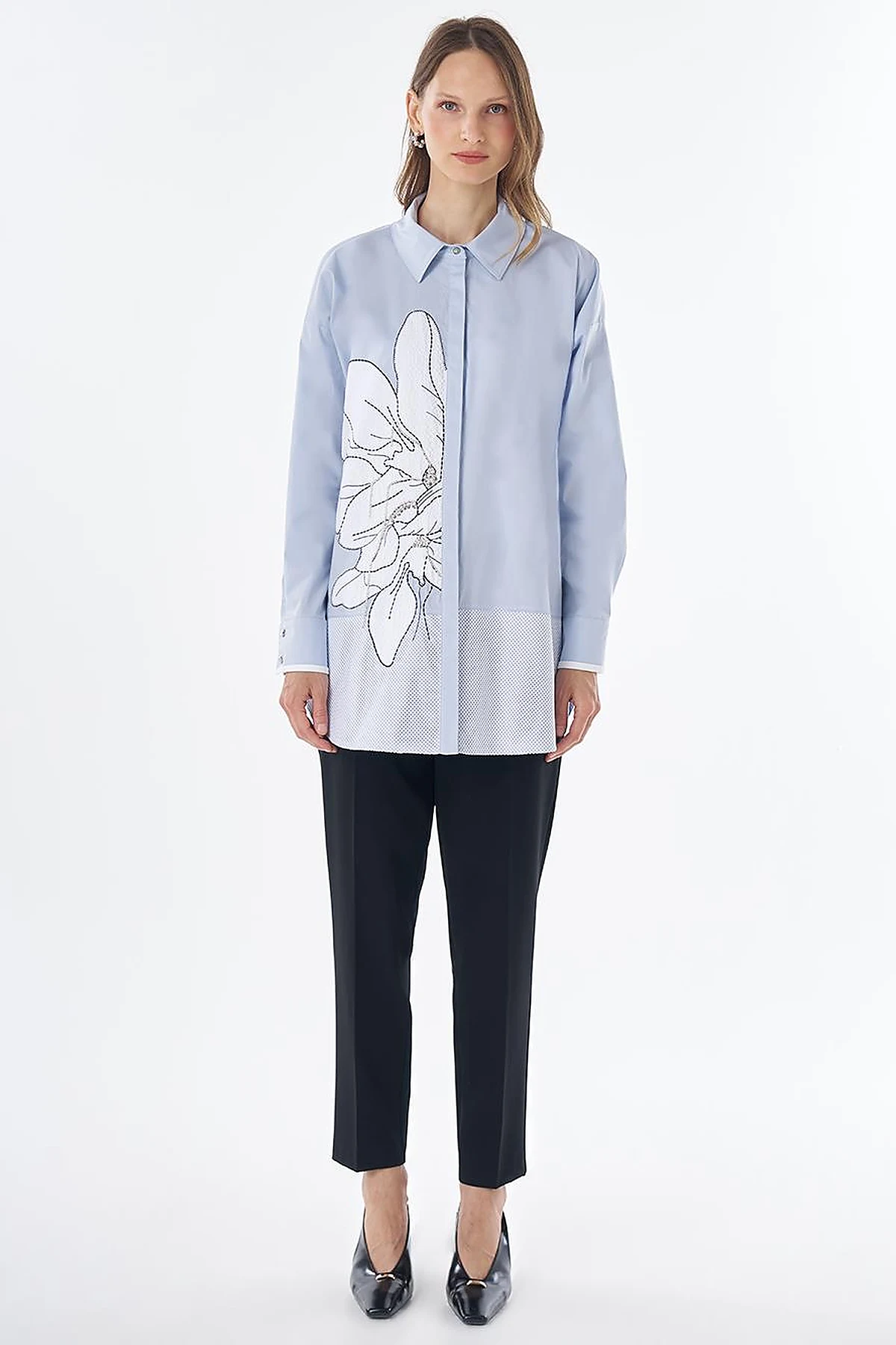 Mesh Trim Cotton Tunic – Blue