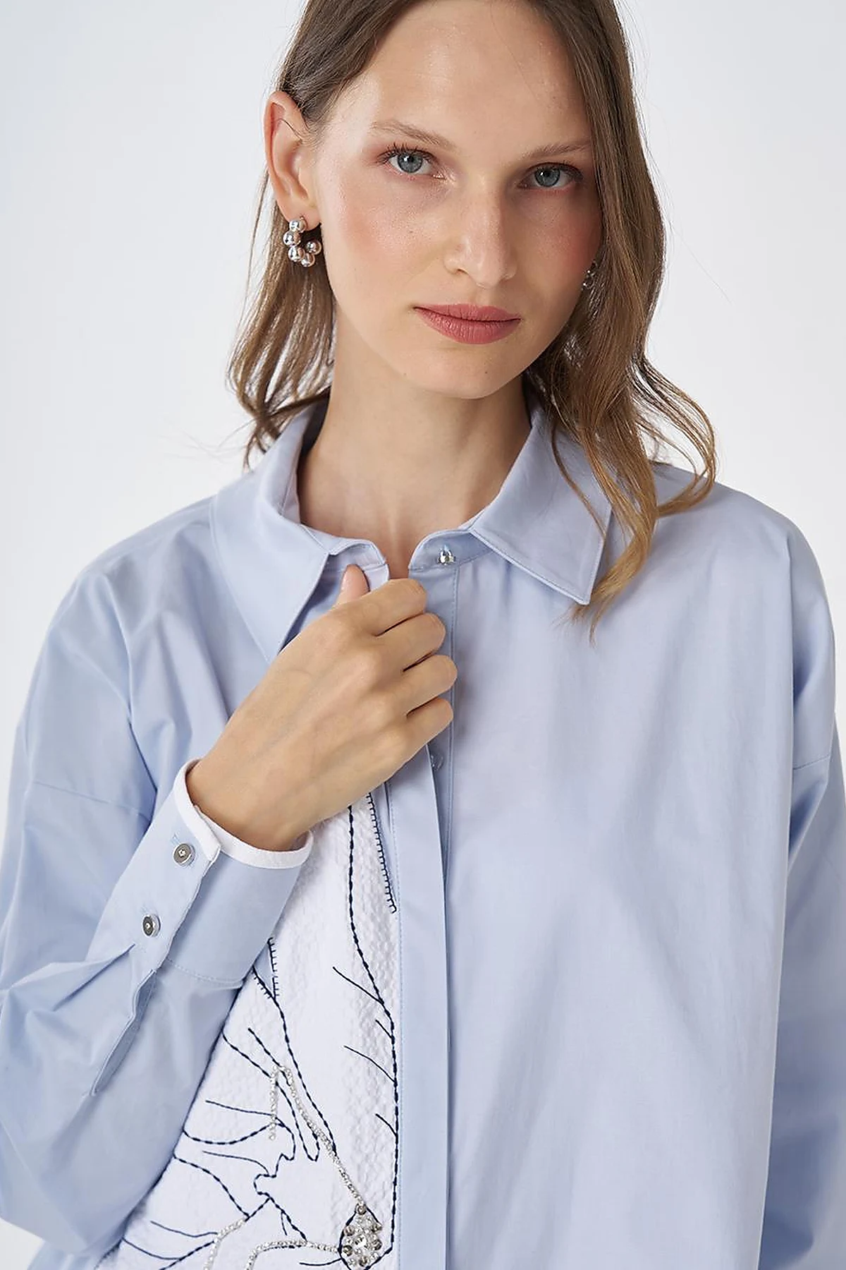 Mesh Trim Cotton Tunic – Blue
