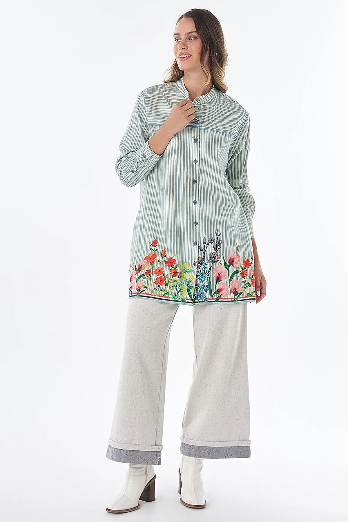 Floral Print Cotton Linen Tunic – Blue