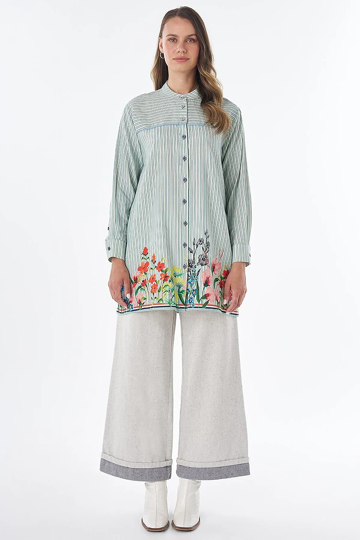 Floral Print Cotton Linen Tunic – Blue