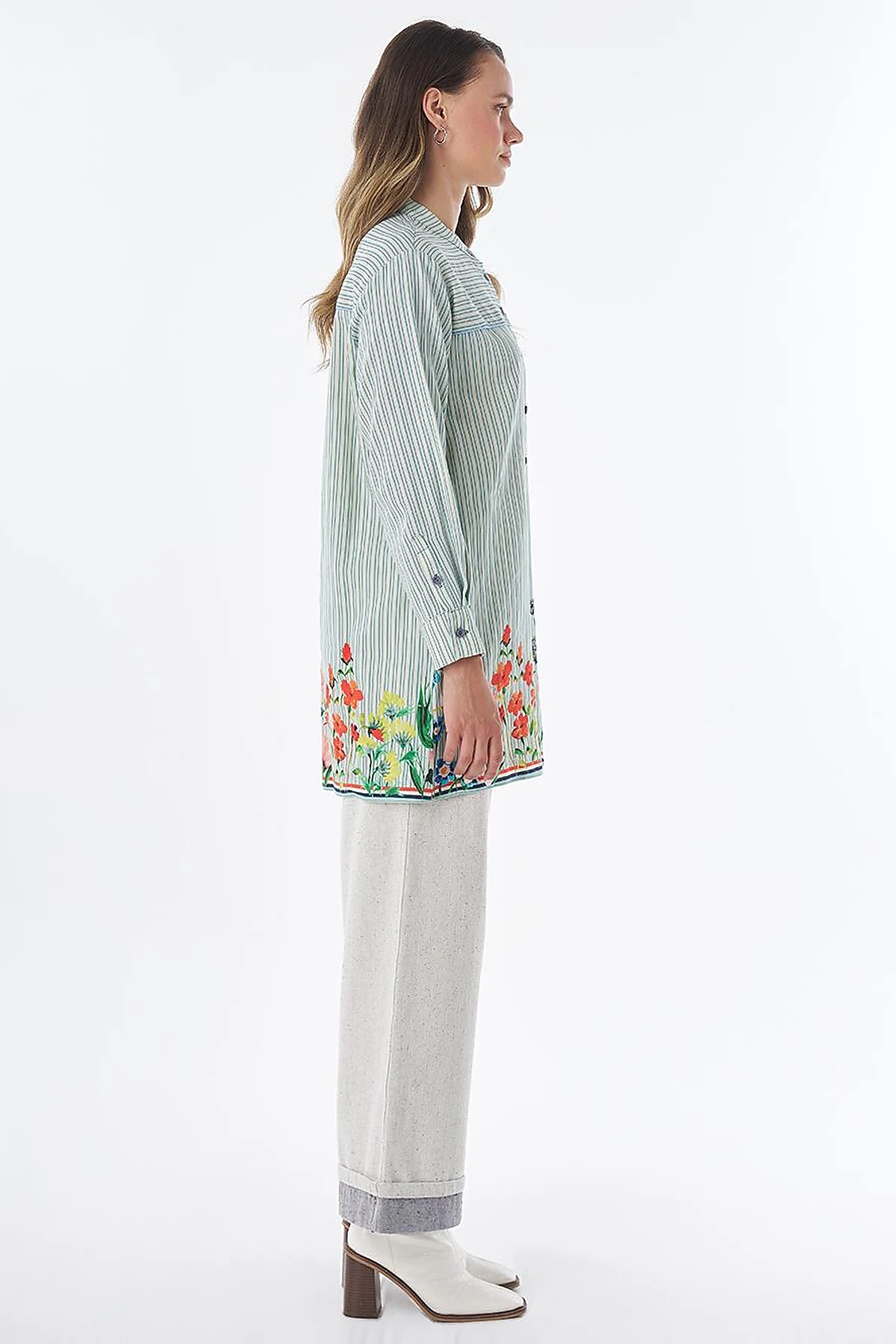 Floral Print Cotton Linen Tunic – Blue