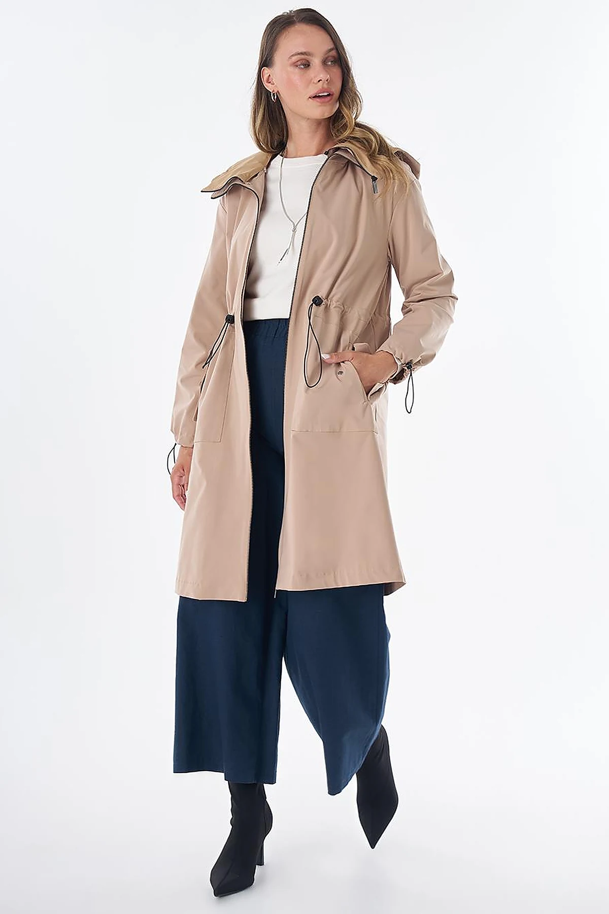 Wide Collar Belted Drawstring Trench Coat – Beige