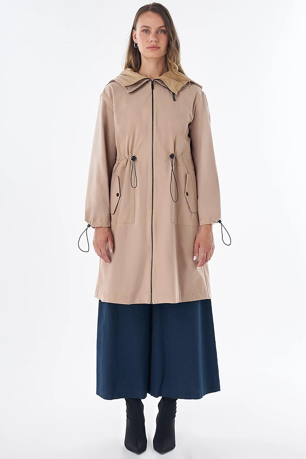 Wide Collar Belted Drawstring Trench Coat – Beige