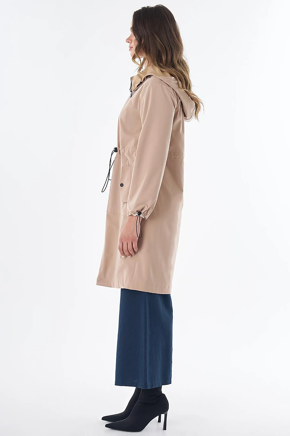 Wide Collar Belted Drawstring Trench Coat – Beige