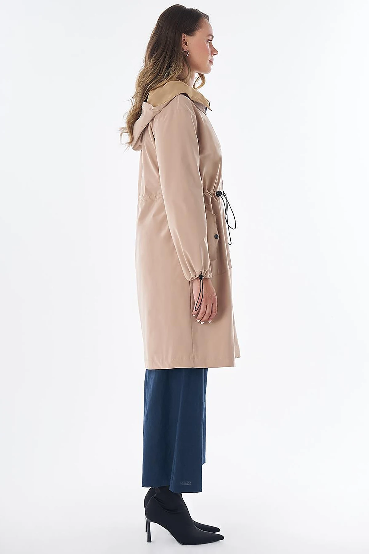 Wide Collar Belted Drawstring Trench Coat – Beige