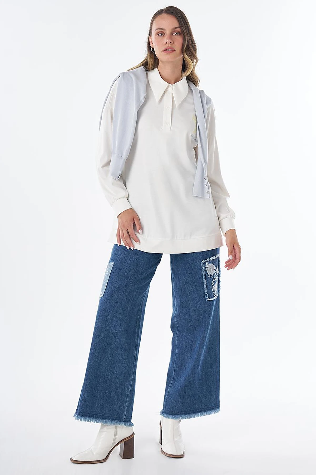 Pointed Collar Rayon Sweatshirt – Optical White