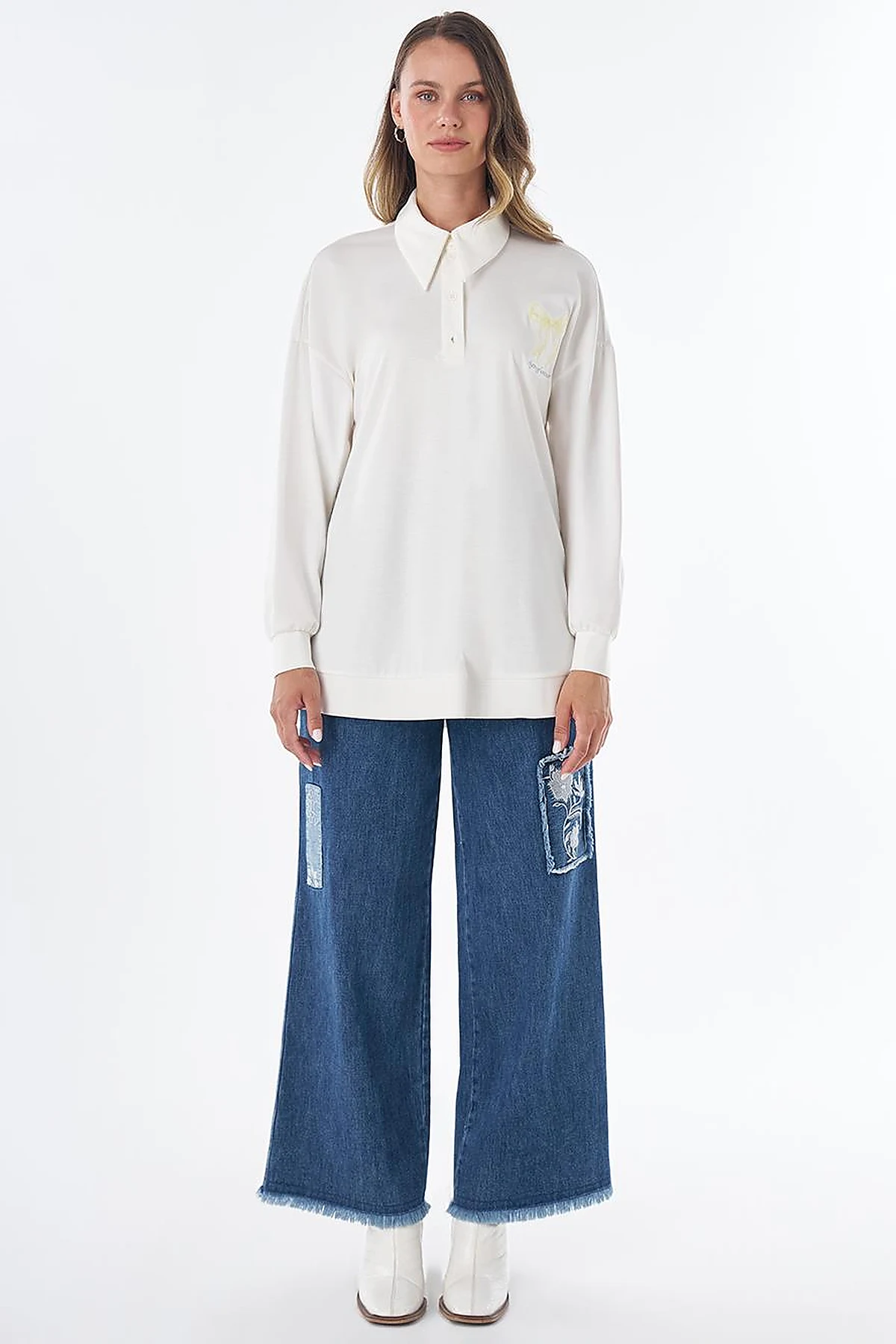 Pointed Collar Rayon Sweatshirt – Optical White