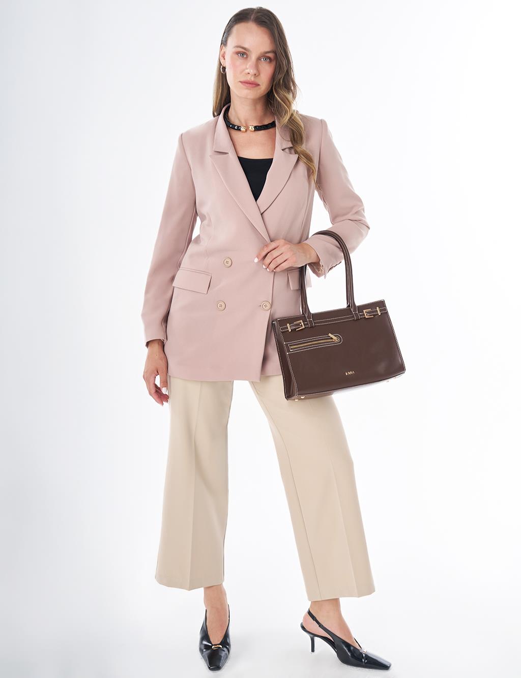 Cover Pocket Crepe Blazer Jacket Beige