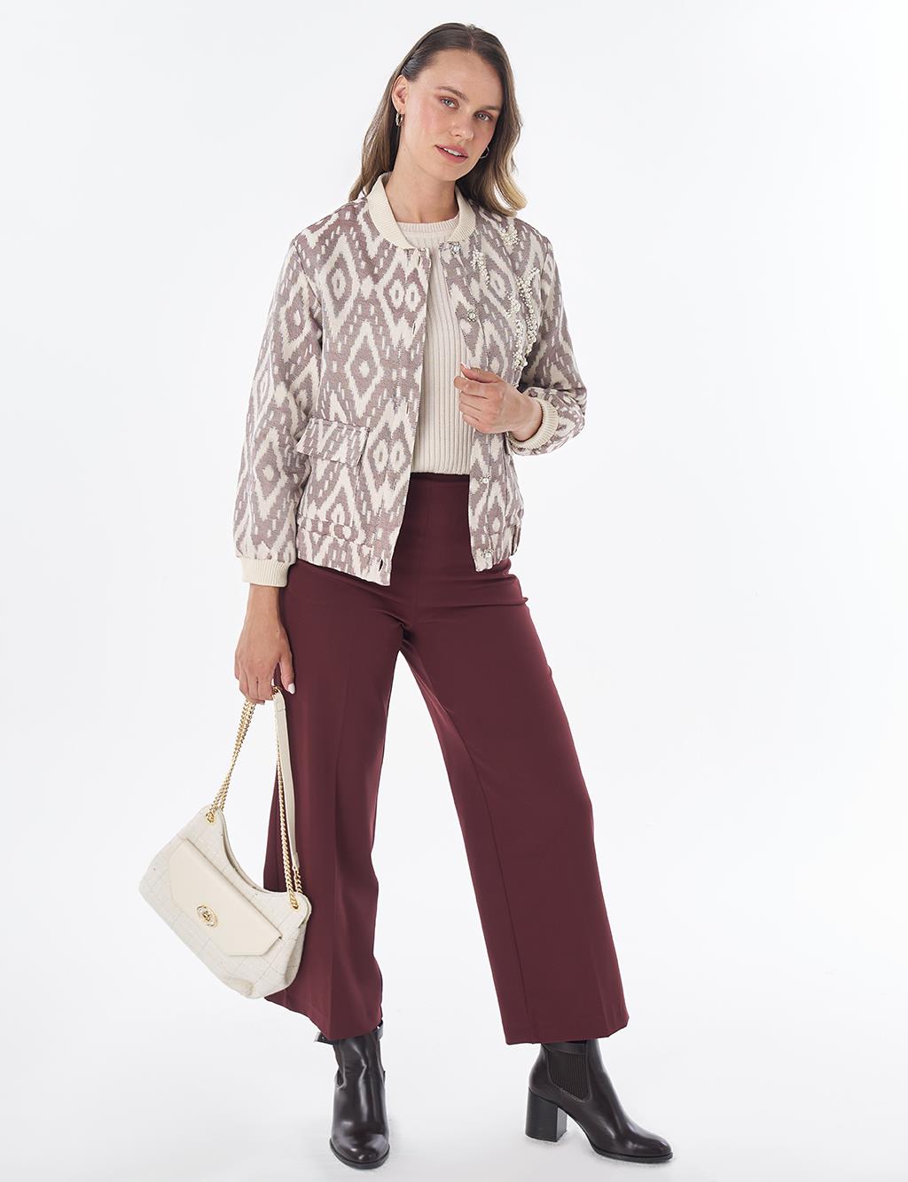Pearl-Embellished Bomber Jacket – Brown
