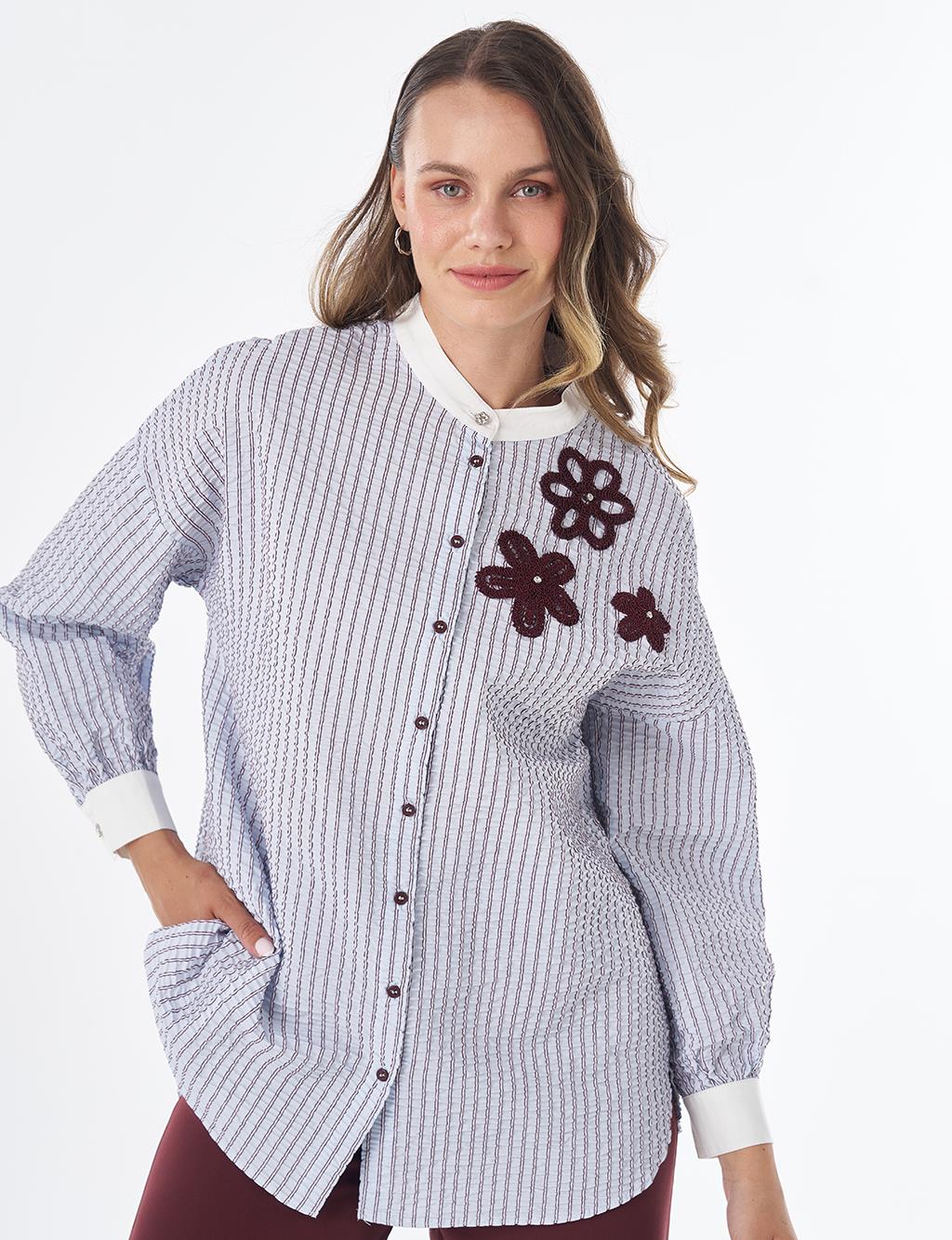 Embroidered Appliqué Crinkled Tunic – Blue