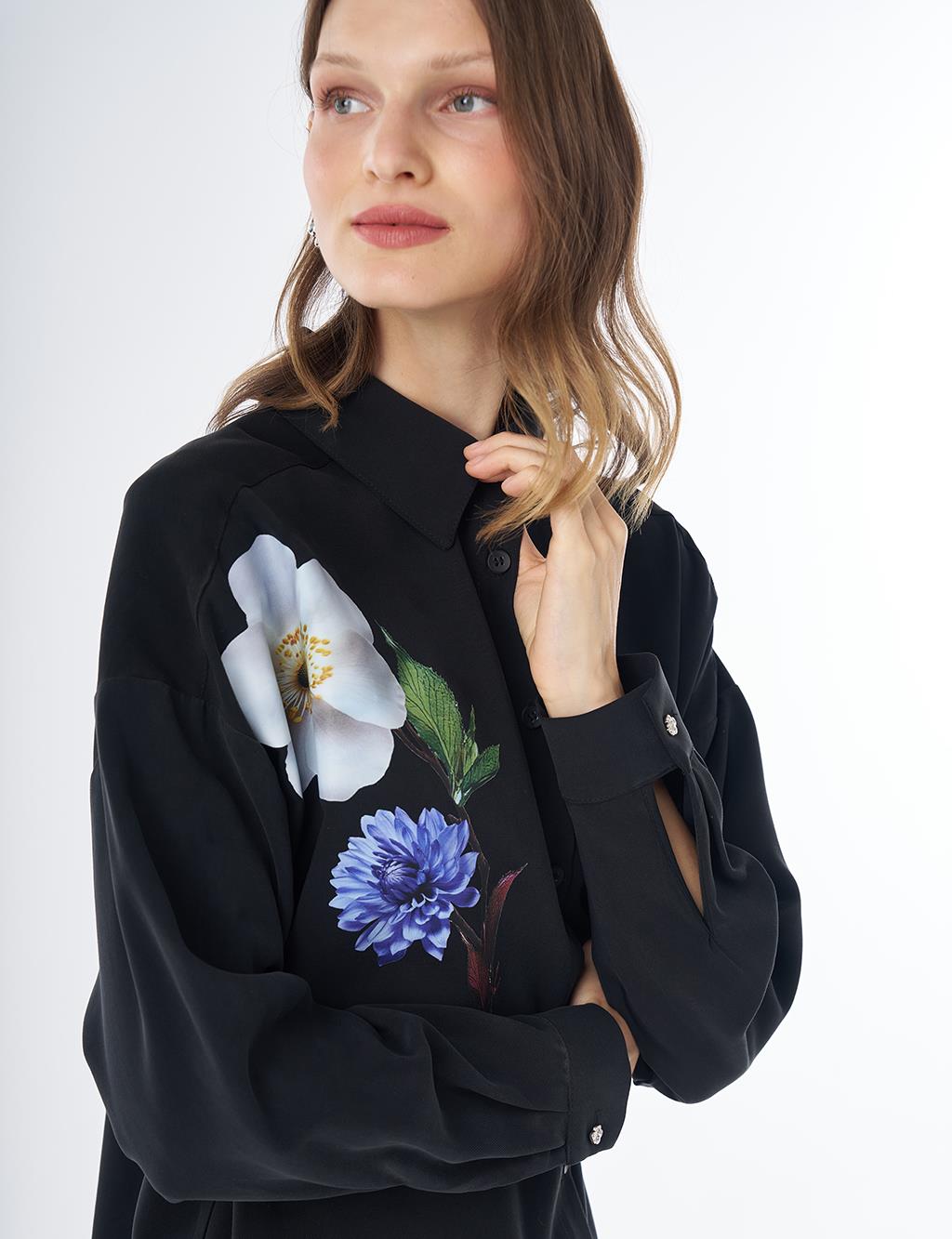 Floral Print Rayon Tunic – Black