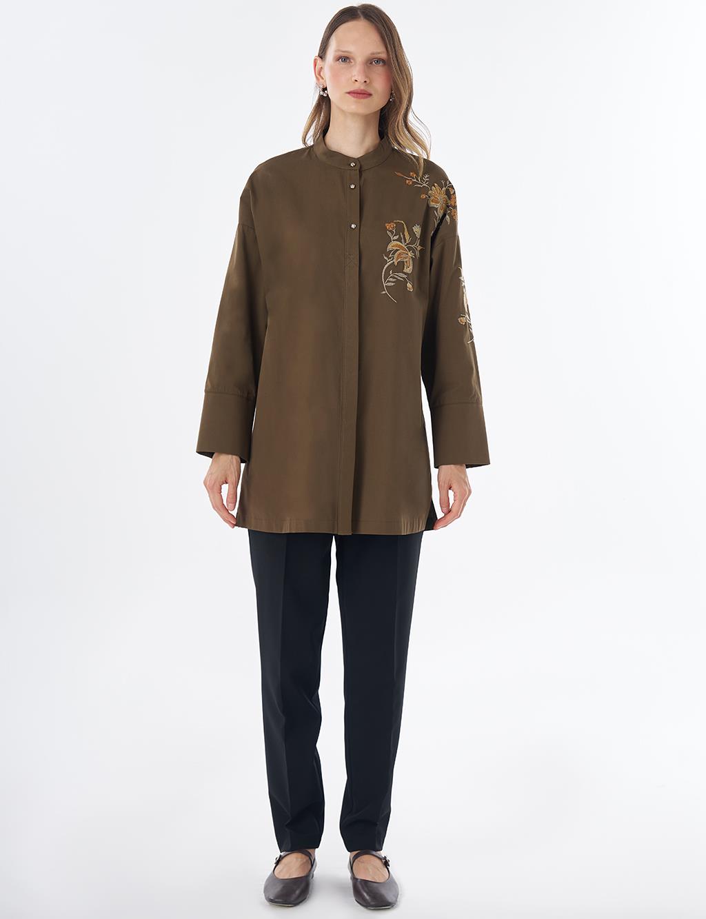 100% Cotton Mandarin Collar Tunic – Dark Khaki