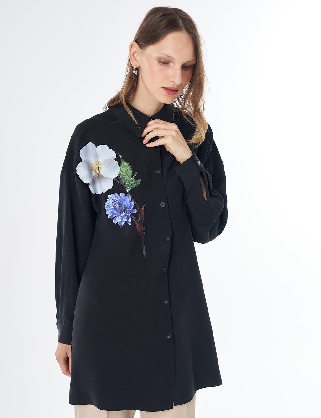 Floral Print Rayon Tunic – Black