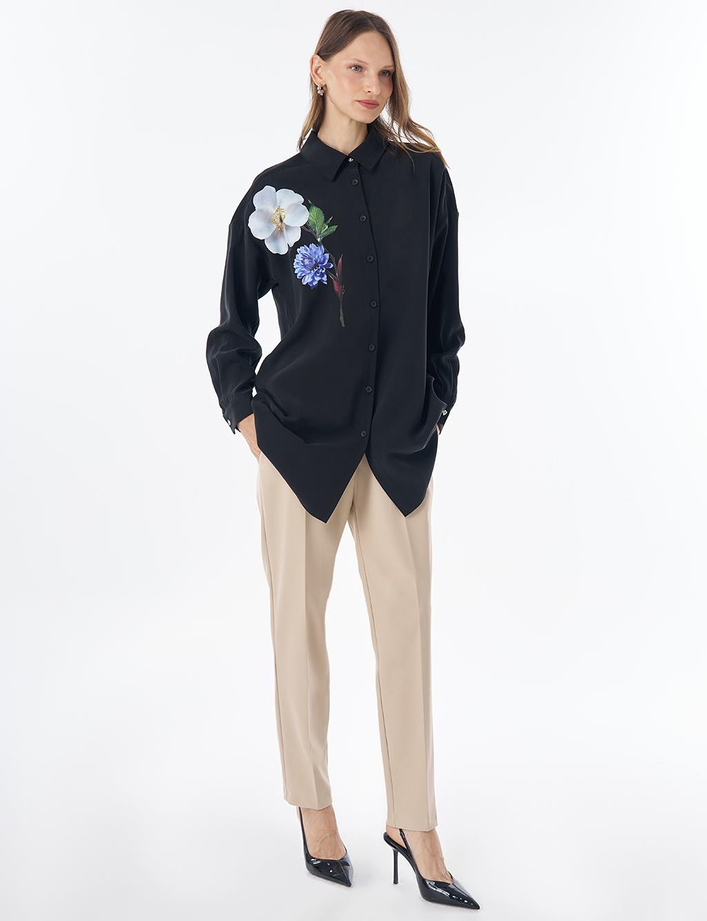 Floral Print Rayon Tunic – Black