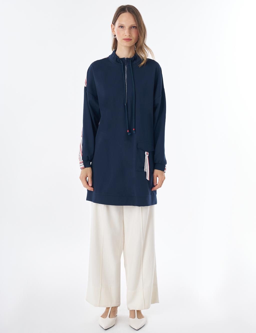 Düşük Omuz Scuba Sweatshirt Koyu Lacivert 
