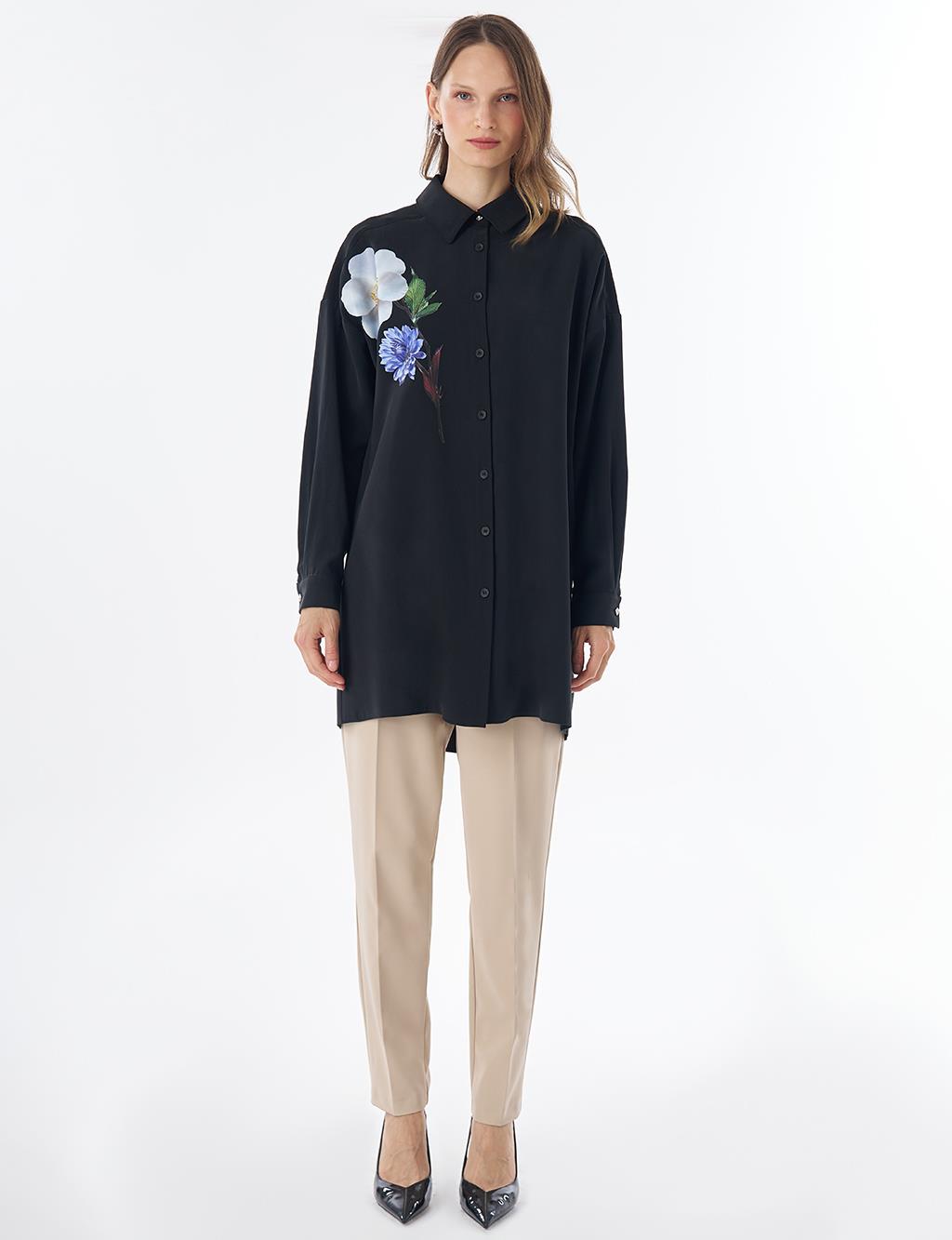 Floral Print Rayon Tunic – Black