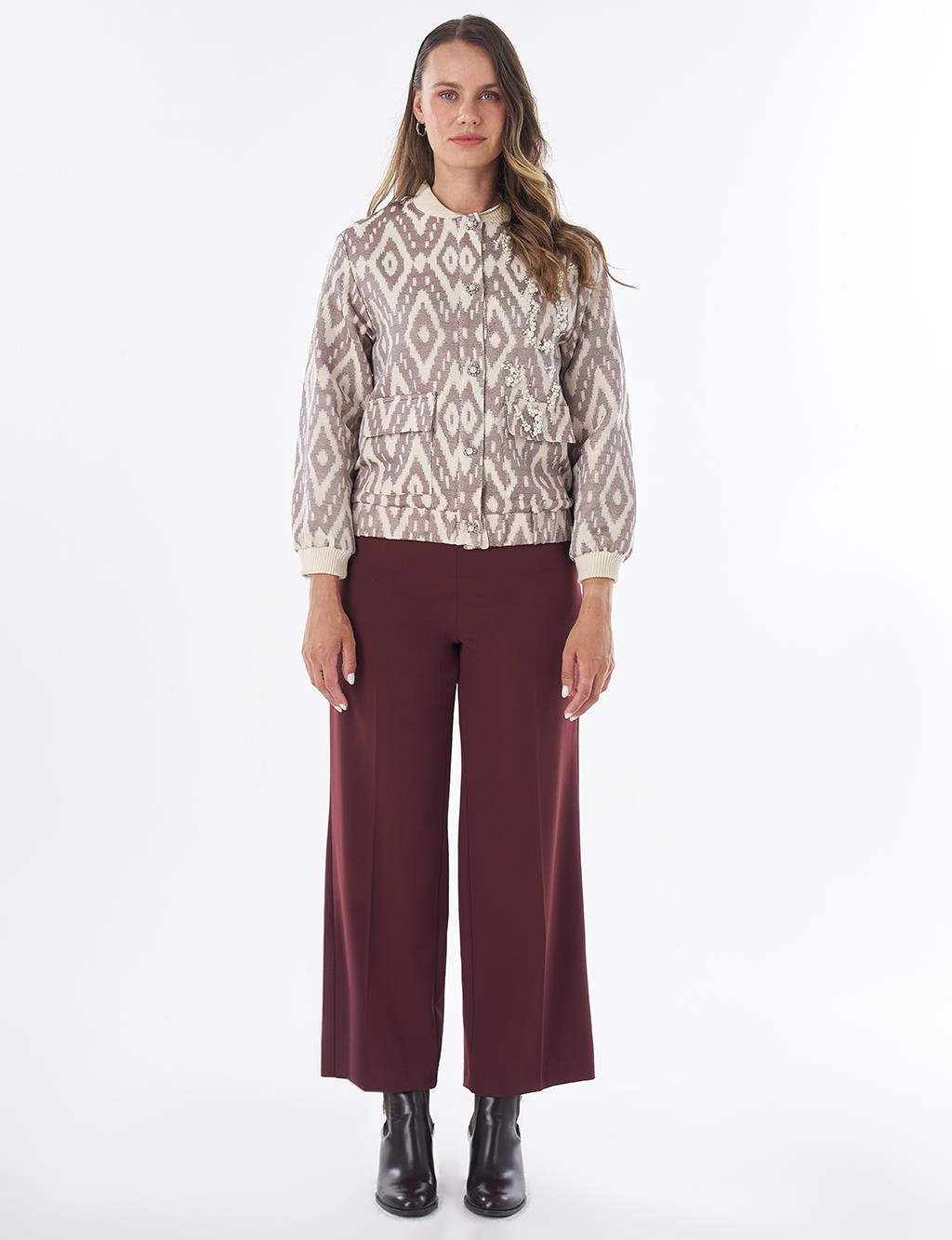 Pearl-Embellished Bomber Jacket – Brown