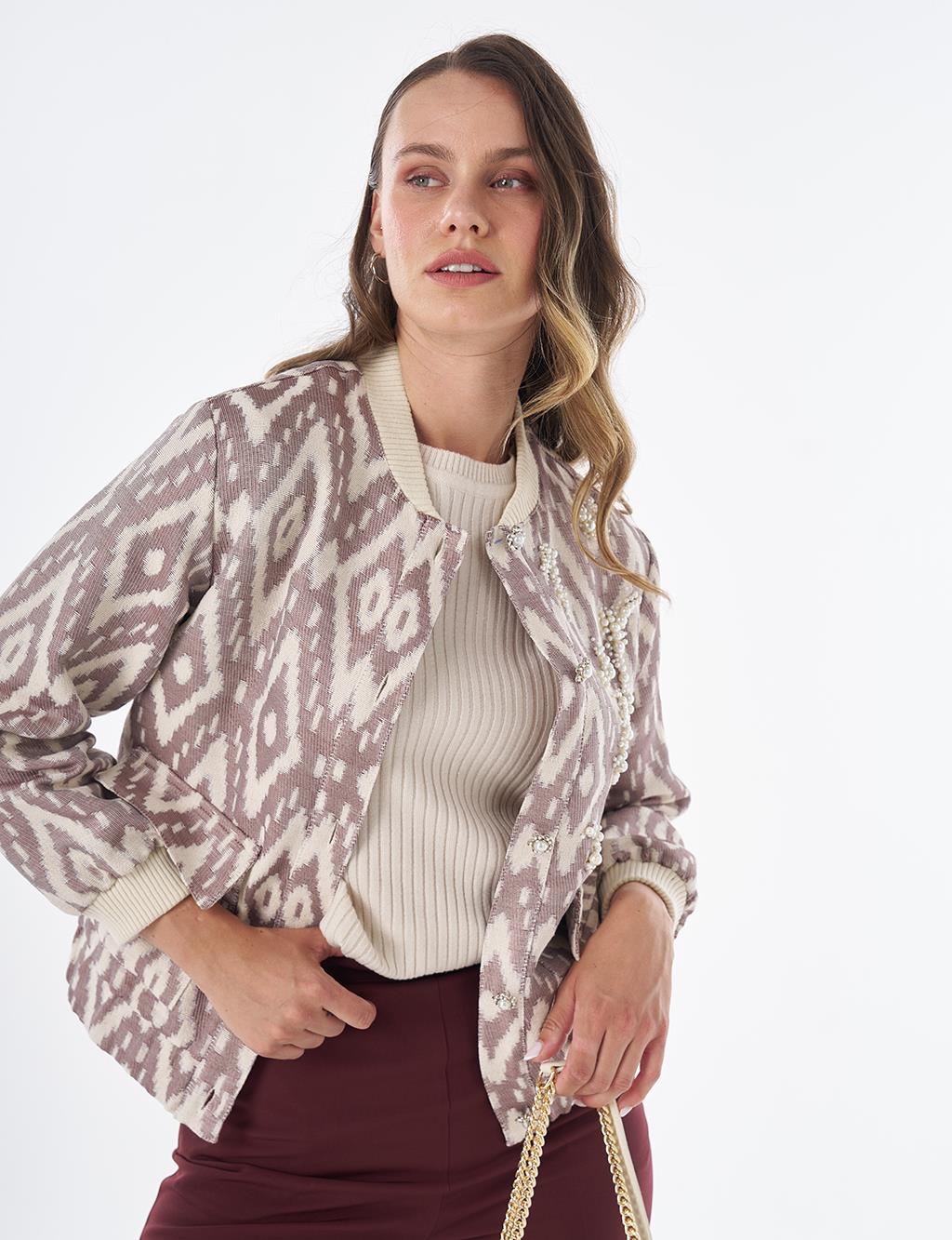 Pearl-Embellished Bomber Jacket – Brown